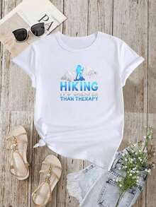 Blouses>Pretty Women's T-Shirt With Hiking Print "Hiking It's Cheaper Than Therapy" Casual T-Shirt For Outdoor Activities, Summer Clothes For Women With Mountain Design And Funny Text, 100% Cotton Casual Blouses For Women - 白色的 - 查看 3
