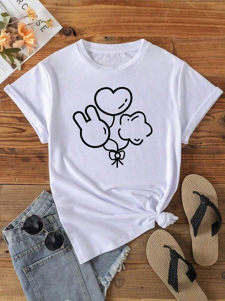 Camiseta de mujer con estampado de triple globo, primavera/verano, holgada y casual - Blanco - Ver 1