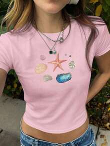 Camiseta corta de verano de mujer con estampado de flor de hibisco, estilo Y2K con abdomen descubierto, de manga corta, blanca, tipo baby camiseta - Rosa 2 - Ver 1