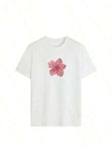 Moda Moda de  Moderno NUEVO 1 pieza Plus Tamaño Mujeres Suelto Hombros Caídos Ajuste 100% Algodón Camiseta Impreso Con Acuarela Rosa Hibisco Flores, Perfecto Para Tropical Vacaciones, Playa Dátiles, Verano Festividades, Transmisión A Romántico Tropical Vibe-Vintage Calle Estilo Unisexo Suelto Algodón Corto Manga Tripulación Cuello Jugadores de camisetas de mujer - Blanco - Ver 3