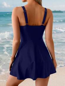 Swim Lushoire Vestido de verano de playa casual y elegante de unicolor con volantes en el dobladillo, traje de baño de una sola pieza para mujer - Azul marino - Ver 2