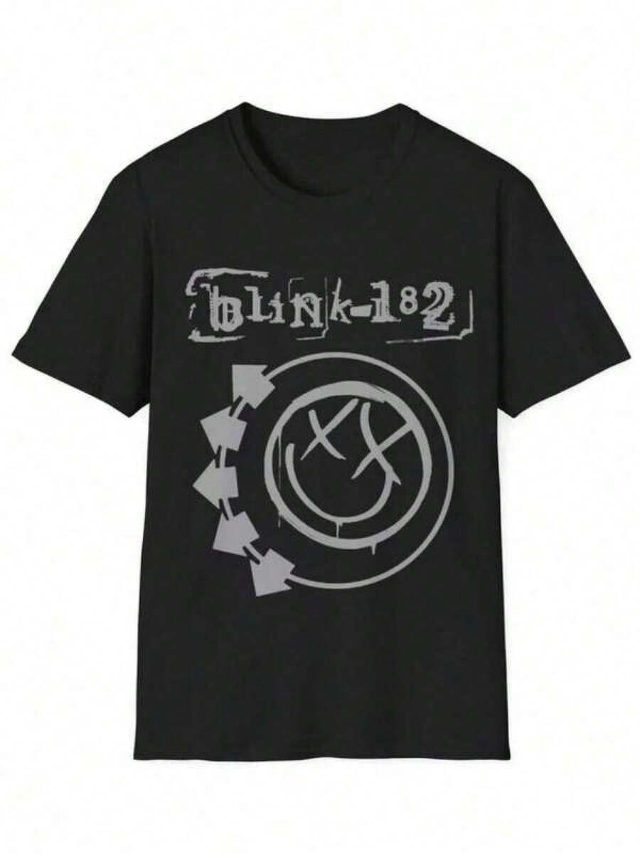 Camiseta gris Blink-182 con cara sonriente estilo punk, estampado frontal, blusas para mujer, blusas, camisetas de mujer, tops de mujer, unisex. - Negro - Ver 1