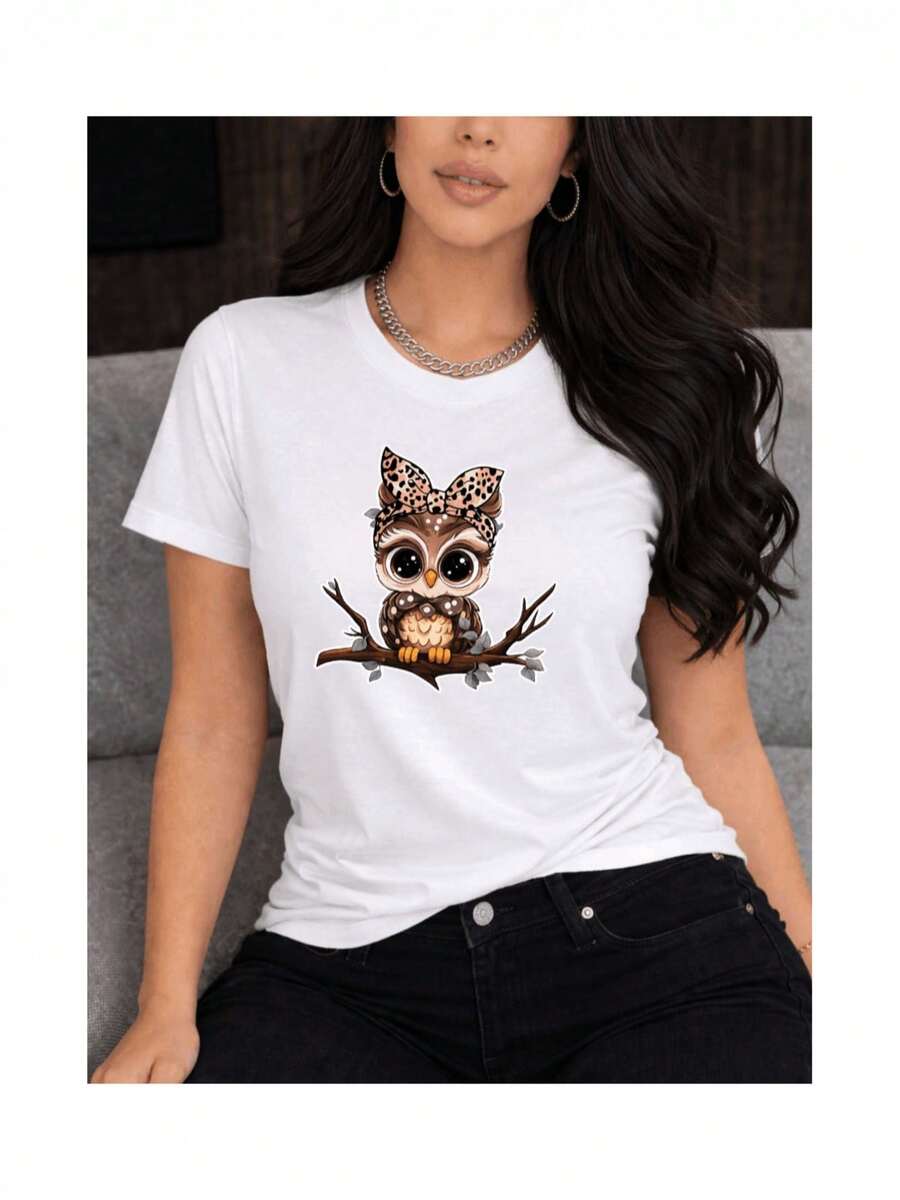 Women's Casual T-Shirt With Owl And Bow Print, Animal Print, Short Sleeve, Round Neck, Kawaii Chic, Youthful, Cute, And Sweet Style - 白色 - 查看 1