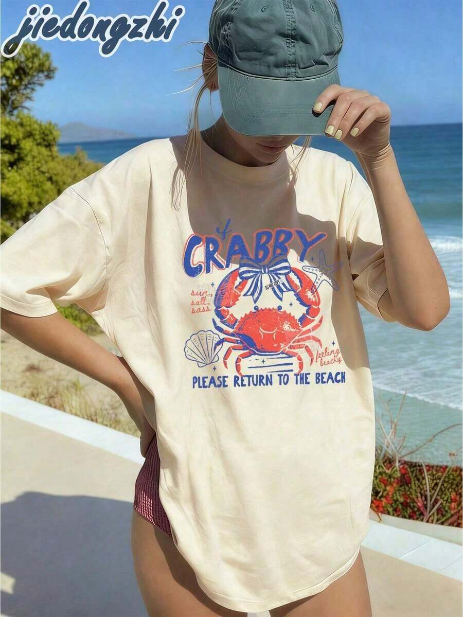 If Crabby Please Come Back To The Beach, Women's Crab Graphic Tees, Summer Tops, Women's Vacation Clothes, Casual Beach Tees, Funny Crab Print Tee, Women's Summer Clothes - 杏色 - 查看 1