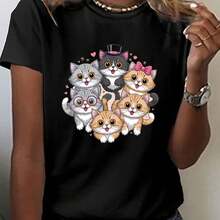 Women's Clothes T-Shirt - Adclothesable Cats With Party Hats - Soft Summer Tee Fclothes Everyday Wear - Casual Round Neck Cat Lover's Shirt - Non-See- - 黑色 - 查看 1