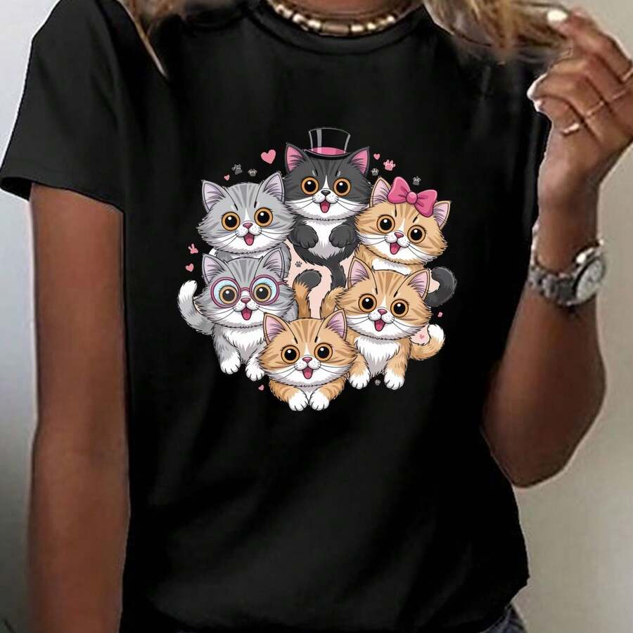 Women's Clothes T-Shirt - Adclothesable Cats With Party Hats - Soft Summer Tee Fclothes Everyday Wear - Casual Round Neck Cat Lover's Shirt - Non-See- - 黑色 - 查看 1