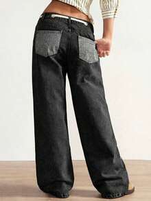 BohoFeels Pantalones vaqueros de tiro bajo, estilo boho, de invierno/primavera, para mujer, con estampado de rayas, parches de mezclilla lavada y pierna recta holgada, en estilo occidental y campestre, adecuados para conciertos, fiestas, vacaciones en la playa, uso diario, vuelta al colegio, salidas y fiestas, Año Nuevo - Gris - Ver 9