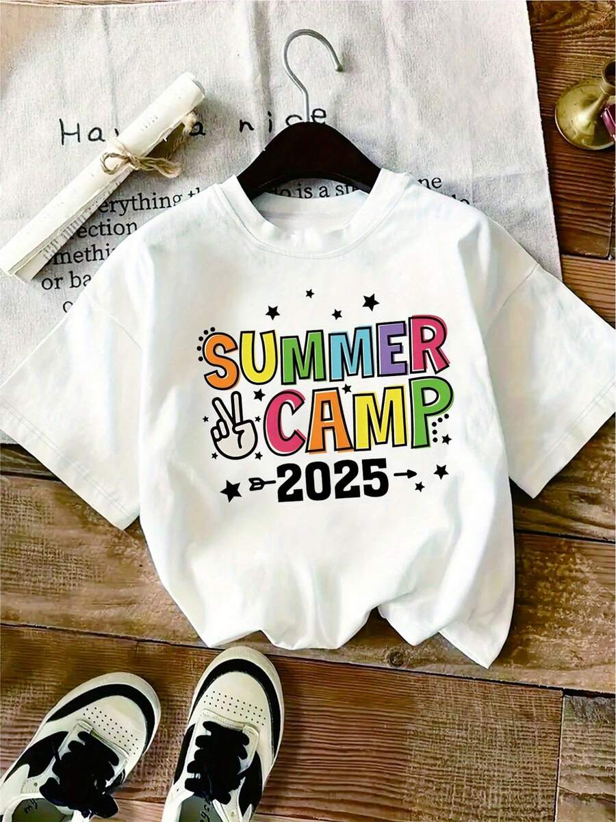 1 Piece Printed T-Shirt For Summer Camp 2025, Polyester Casual T-Shirt With Alphabet Pattern, Comfortable And Versatile For Women And Young Girls, Y2k T-Shirt. - 白色 - 查看 1