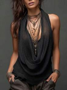 Bohemian Mesh Cowl Neck Sleeveless Top, Layered Flowy Open-Knit Casual Blouse For Women, Loose Fit Semi-Sheer Draped Tank Top For Everyday And Festival Wear - 黑色 - 查看 1