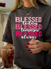 Camiseta de manga corta con cuello redondo, corte holgado y diseño casual y lindo para mujer.Atuendo de verano casual y de vacaciones con estampado de bendición.Adecuado para vacaciones como el Día de San Valentín, el regreso a la escuela, el Día del Maestro.Camiseta de manga corta con estampado de letras, suave, holgada y cómoda, versátil y casual de alta gama - Gris Oscuro - Ver 4