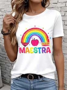 Women's Short-Sleeved T-Shirts In Black And White Are Suitable For Everyday Wear, Lounging At Home, And Outdoor Activities. The "Rainbow Apple Teacher" T-Shirt For Women Is A Colorful Graphic Tee, A Great Gift For School Teachers, With A Fun And Bright Design, And Perfect For Parties. - 白色 - 查看 7