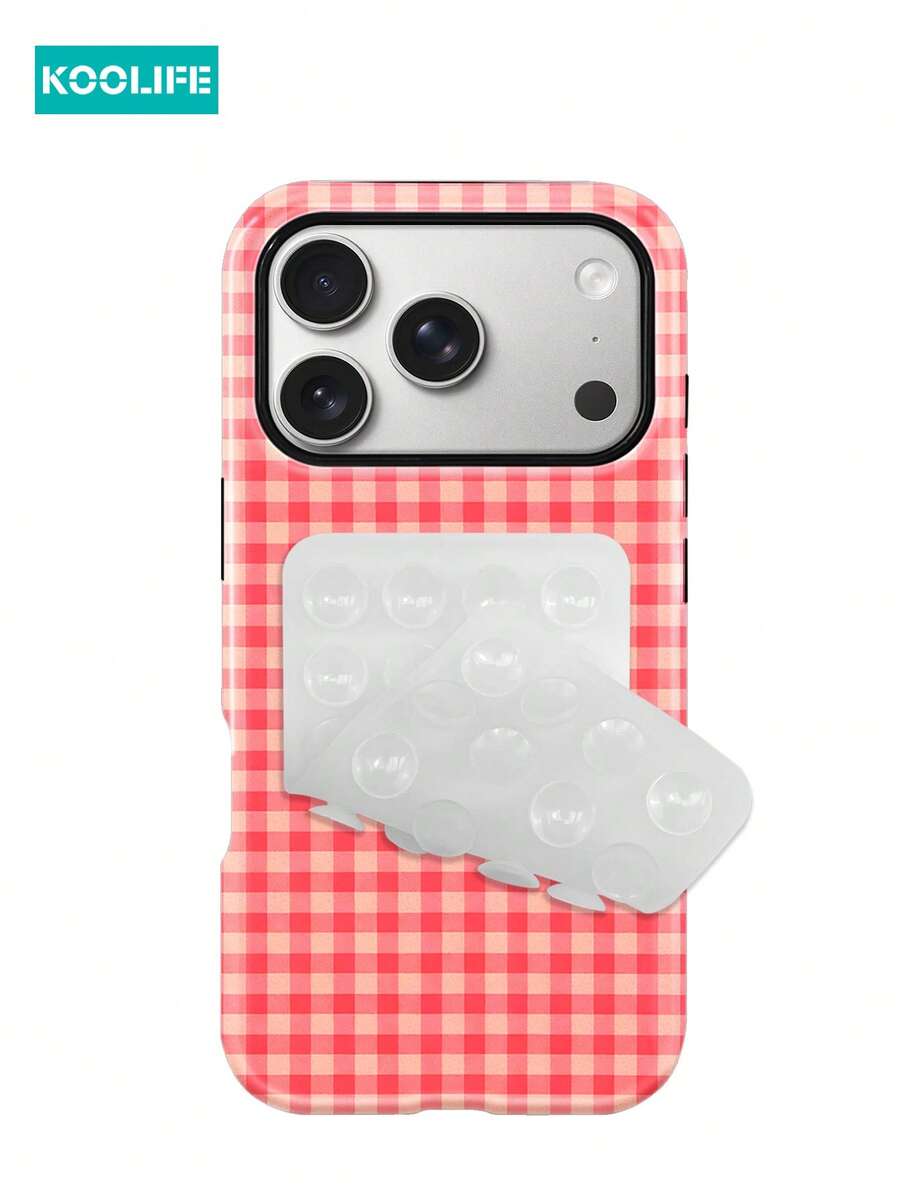 Koolife 两件套:1 个粉白格纹二合一手机壳 + 1 个透明双面吸盘,PC+TPU 材质,亮面硬壳,防震保护套,兼容 Apple 17/17pro/17promax/17Air/16/15/14/13/12/11/7/8/7plus/8plus/XR/X/XS/XS Max - 粉紅白格紋 - 查看 1