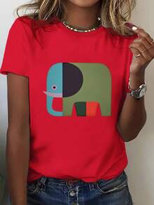 Plus Size, Women's Oversized T-Shirt With Abstract Elephant And Letter Print '' (For Mare/ Marie) - Round Neck, Casual, Warm For Winter - Machine Washable, Comfortable - Chinese Textile Product Labeling - In Stock For Immediate Delivery - Merah - View 6