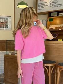 Women's Loose Fit Round Neck Drop Shoulder Short Sleeve Casual Knit Top In Pink Tones, Suitable For Home, Leisure, Vacation, Valentine's Day, Daily Wear, Beach Holiday Summer - Pink - View 4