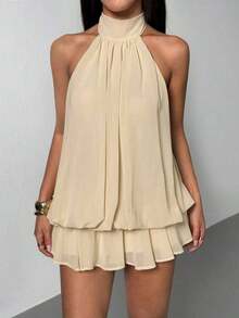 Vestido mini elegante de mujer con escote halter y lazo en color beige - Beis - Ver 3