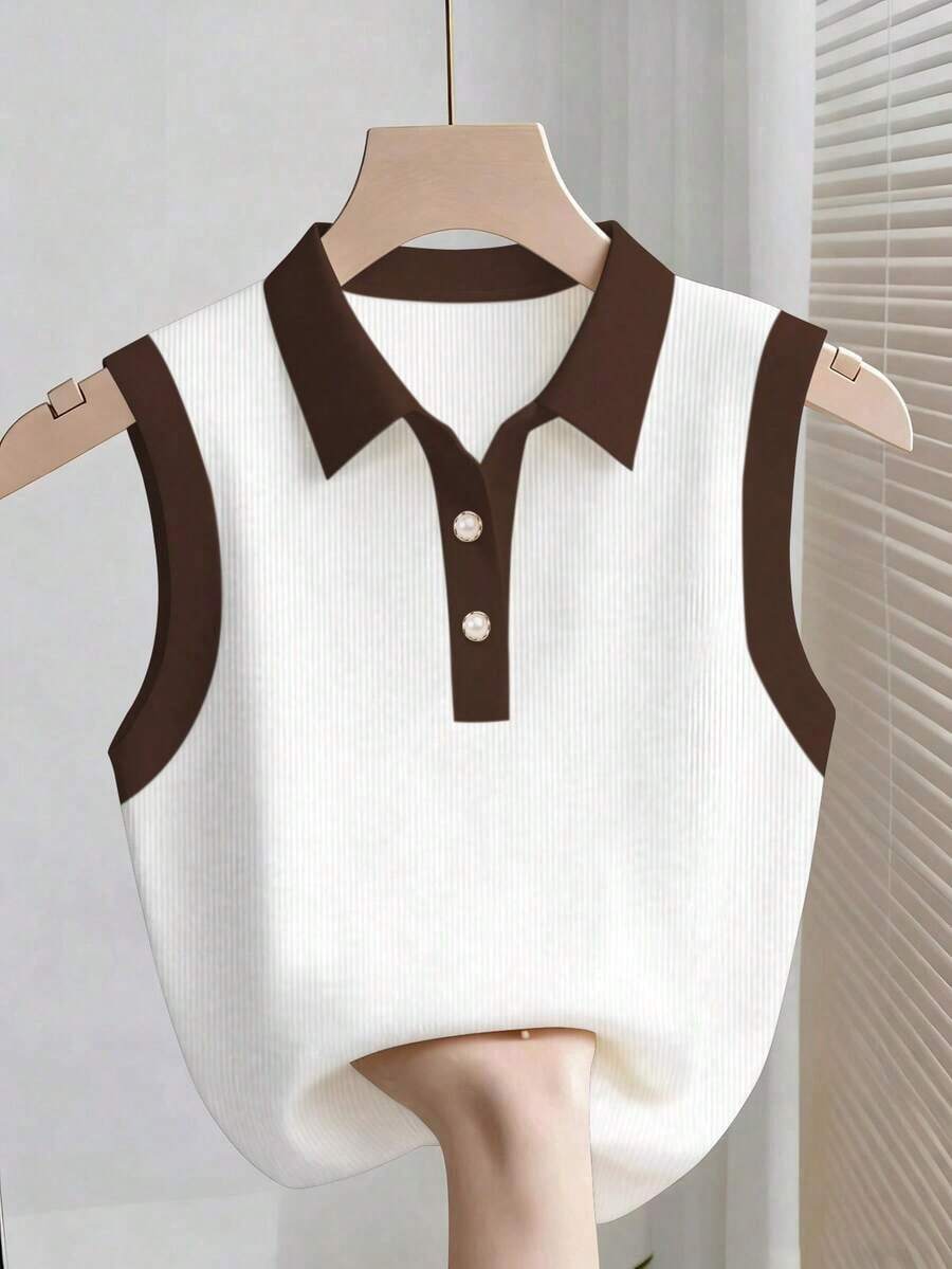 Parte superior sin mangas de contraste de color versátil casual para mujer, top blanco y negro, blusas de verano para mujer, blusas lindas y preppy, top de punto de verano sin mangas, camisa polo de punto para mujer, blusas de punto de verano par - Café integral - Ver 1