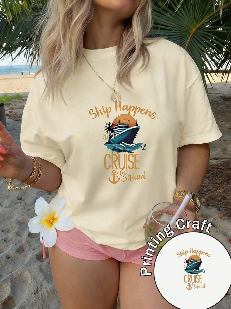 Women's Short-Sleeved T-Shirt, 100% Polyester, Round Neck, Romantic Print Of Letters And French-Style Desserts, Casual Style, Machine Washable, Summer 2026, Ideal For Travel And Everyday Wear - 杏色 - 查看 1