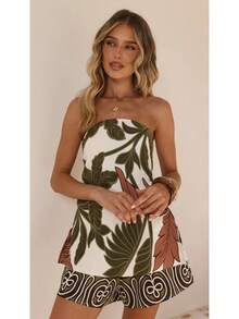 KZKZWK Women's Tropical Leaf Print Strapless Tube Top & Shorts Two-Piece Set, Sold Out Viral Vacation Co-Ord, Casual Bandeau Tunic Top With Pockets And Elast - 花色 - 查看 6