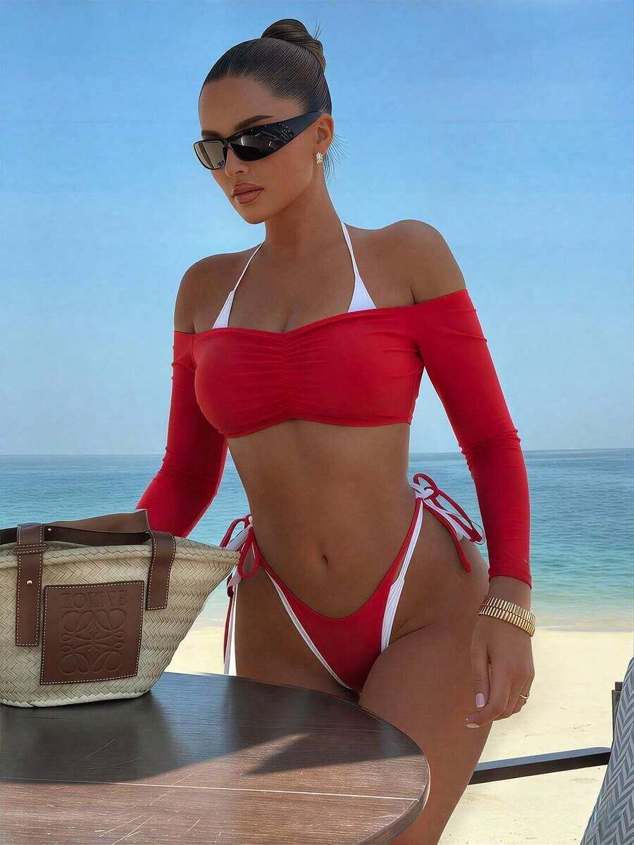 Conjunto de 3 piezas de traje de baño negro y blanco para mujer, conjunto de traje de baño casual y sexy de 3 piezas para resort de playa, conjunto de traje de baño de 3 piezas para mujer, Bottom de traje de baño para mujer, conjunto de playa negro y blanco para mujer - Rojo - Ver 1
