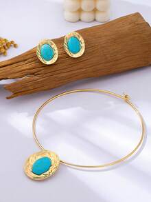 New Exaggerated Oval Rhinestone (Artificial Turquoise) Stud Earrings, Choker Necklace Suitable For Daily Wear, Parties, Banquets, Holiday Gifts - Yellow Gold - View 5