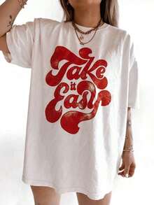 Bohemian Retro Vintage Graphic T-Shirt, Comfortable Take It Easy | Retro Design T-Shirt | Grunge Hippie Boho Graphic Print T-Shirt, Plus Size, Breathable And Comfortable - 白色 - 查看 7