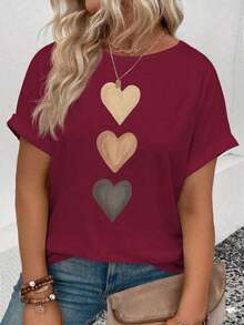 Plus Size Women's Spring/Summer Casual T-Shirt With Round Neck, Short Sleeves, Ribbed Cuffs, And Gradient Heart Print. Y2K Style,  Style, Newest 2026 Style, Cute Style, Casual Style. 180g (Sizes S-XXXL) - 紅色 - 查看 8