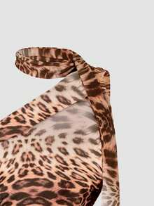 Parte superior corta de verano con hombros asimétricos, estilo bohemio y western, con estampado de leopardo, sexy y de Y2K para mujeres - estampado de leopardo - Ver 4