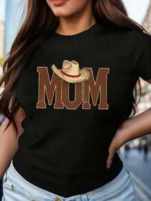 1 Piece Of Women's "MUM" Print T-Shirt In A Western Cowboy Style - Casual Crew Neck, Short Sleeves, For Spring/Summer - Ideal For Wives And Mother's Day. 180g 100% Cotton, Designs Are Fully Printed. Unisex. - 黑色 - 查看 1