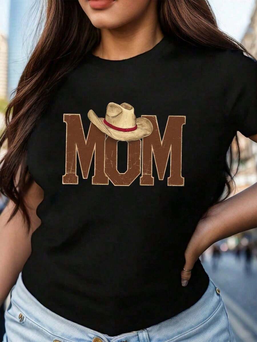 1 Piece Of Women's "MUM" Print T-Shirt In A Western Cowboy Style - Casual Crew Neck, Short Sleeves, For Spring/Summer - Ideal For Wives And Mother's Day. 180g 100% Cotton, Designs Are Fully Printed. Unisex. - 黑色 - 查看 1