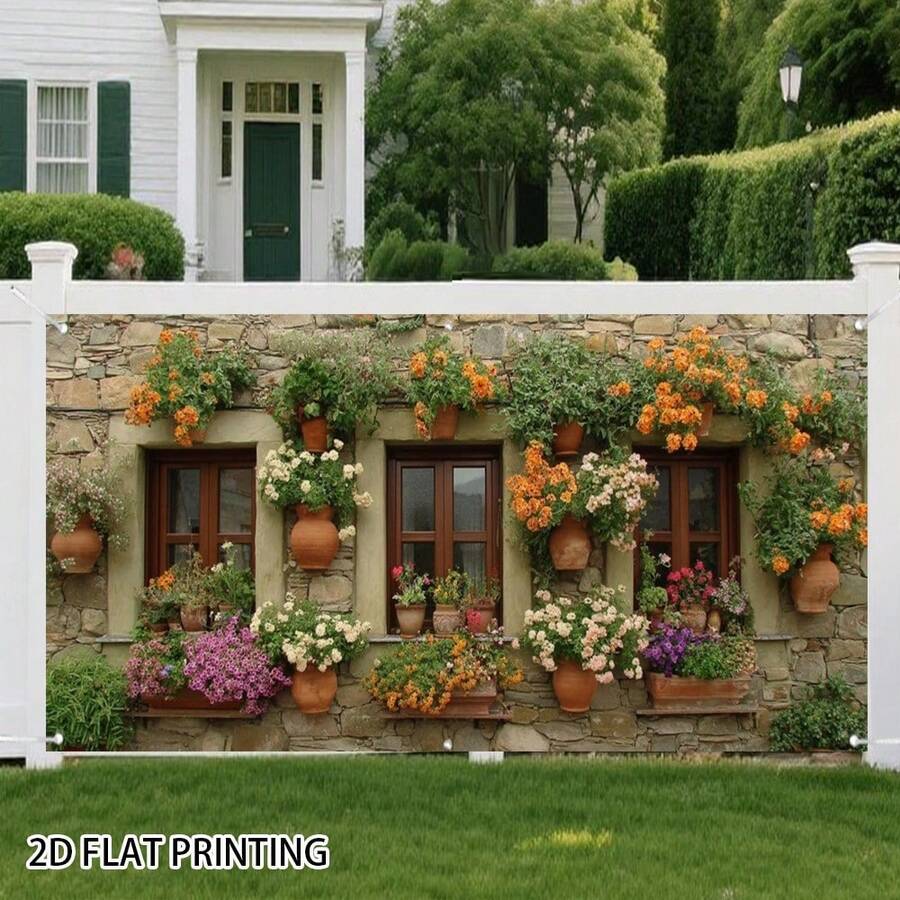 1pc 2D Floral Window Curtain & Garage Door Banner, Decorative Fence, Easy Installation, Polyester Material, Suitable For Wedding, Backyard, Garden Party, Patio Decor, Comes With Fixing Ropes, Applicable For Christmas And Halloween Decoration, 2D Flat - 20 - View 1