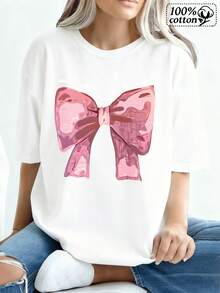 Moda Mujeres Camiseta Blanca Frontal Impresión Rosatrón de arco cómodo desgaste casual para salidas diarias y relación - Blanco - Ver 2