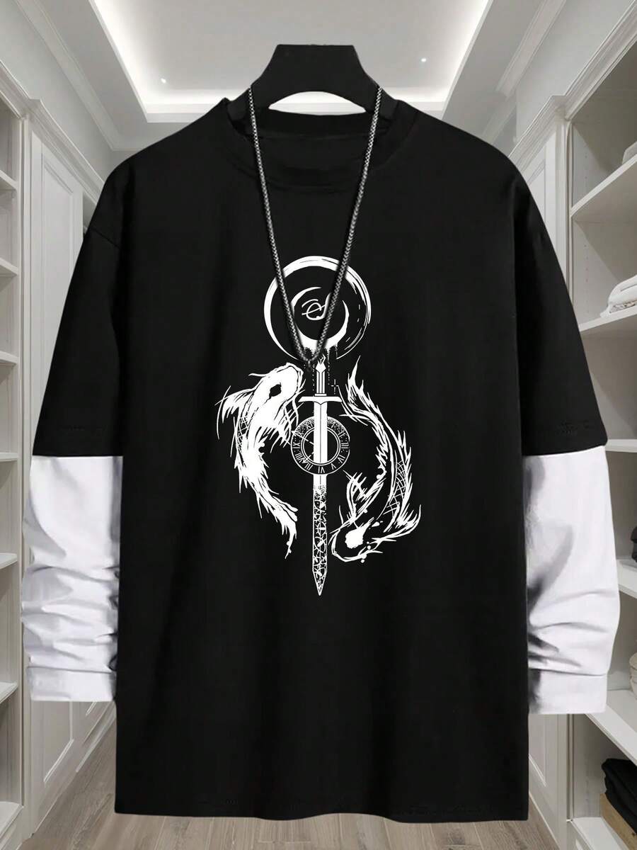 J1417 T-shirt à manches longues 2-en-1 avec imprimé poisson Yin-Yang pour homme, haut de mode streetwear confortable et tendance. - Noir - Voir 1