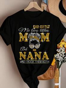 Camiseta Gráfica de Mujer MM NANA MAM "Mamá y Abuela" - Diseño con Brillo y Gafas de Moda, Cuello Redondo Manga Corta Casual para Primavera/Verano, Tejido No Transparente, Regalo del Día de la Madre para Abuelas - Negro - Ver 1