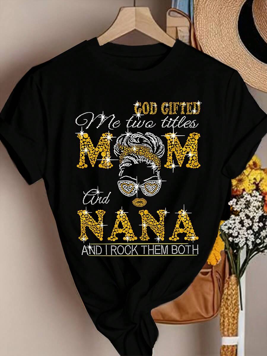 Camiseta Gráfica de Mujer MM NANA MAM "Mamá y Abuela" - Diseño con Brillo y Gafas de Moda, Cuello Redondo Manga Corta Casual para Primavera/Verano, Tejido No Transparente, Regalo del Día de la Madre para Abuelas - Negro - Ver 1
