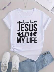 Women's Short-Sleeved Cotton T-Shirt, Loose Fit And Breathable, Ideal For Summer And Warm Weather - Casual Round Neck T-Shirt With The Letter ''', Loose Fit For Layering Or As A Casual Outfit, Machine Washable. - 白色 - 查看 6