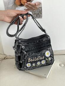 迷你時尚花卉刺繡牛仔多口袋斜跨包－百搭女款單肩包，小牛仔包，可調節肩帶媽媽包 - 黑色 - 查看 6