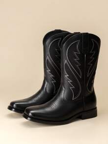 Men's Cowboy Boots Leather Western Style Rugged Comfortable Durable - 黑色 - 查看 2