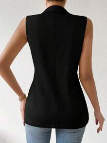 Blazer sin mangas de estilo elegante de color verde oliva para mujer, chaleco casual con solapa y botón en tela tejida lisa, corte regular - Negro - Ver 2