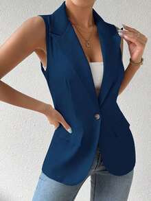 Blazer sin mangas de estilo elegante de color verde oliva para mujer, chaleco casual con solapa y botón en tela tejida lisa, corte regular - Azul - Ver 8