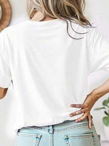 1 pieza de camiseta para mujer con estampado de limón y langosta, 100% algodón, estilo casual, holgada, versátil, de cuello redondo y manga corta, a la moda para uso diario, 180g 100% algodón. - Blanco - Ver 3