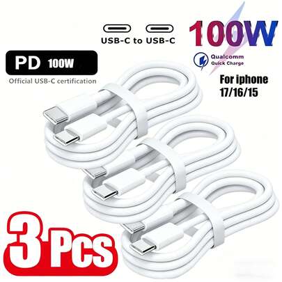 1/3入 6.6英呎 60W USB-C 轉 USB-C 數據線，USB-C 轉 USB-C 線，相容 iPhone Air 17 16e 16 15 Pro Plus Pro Max，相容 Galaxy S25/S24，相容 iPad Pro/Air/Mini，相容 MacBook Pro/Air 等更多設備
