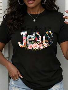 Camiseta de Cuello Redondo para Mujer con Estampado Floral "Toda Mi Esperanza Está En Jesús", Manga Corta, Regalo de Fe Cristiana para Mujer, Ropa Casual de Verano - Negro - Ver 7