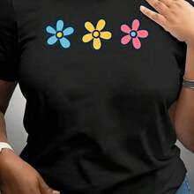 Camiseta de manga corta con cuello redondo y estampado para mujer, hecha de tela de poliéster elástica y cómoda, vestido casual para primavera y verano, versión cómoda lavable a máquina, con un brillante estampado floral adecuado para primavera, verano y otoño, confort durante todo el día, uso diario, para parejas, estilo minimalista. - Negro - Ver 1