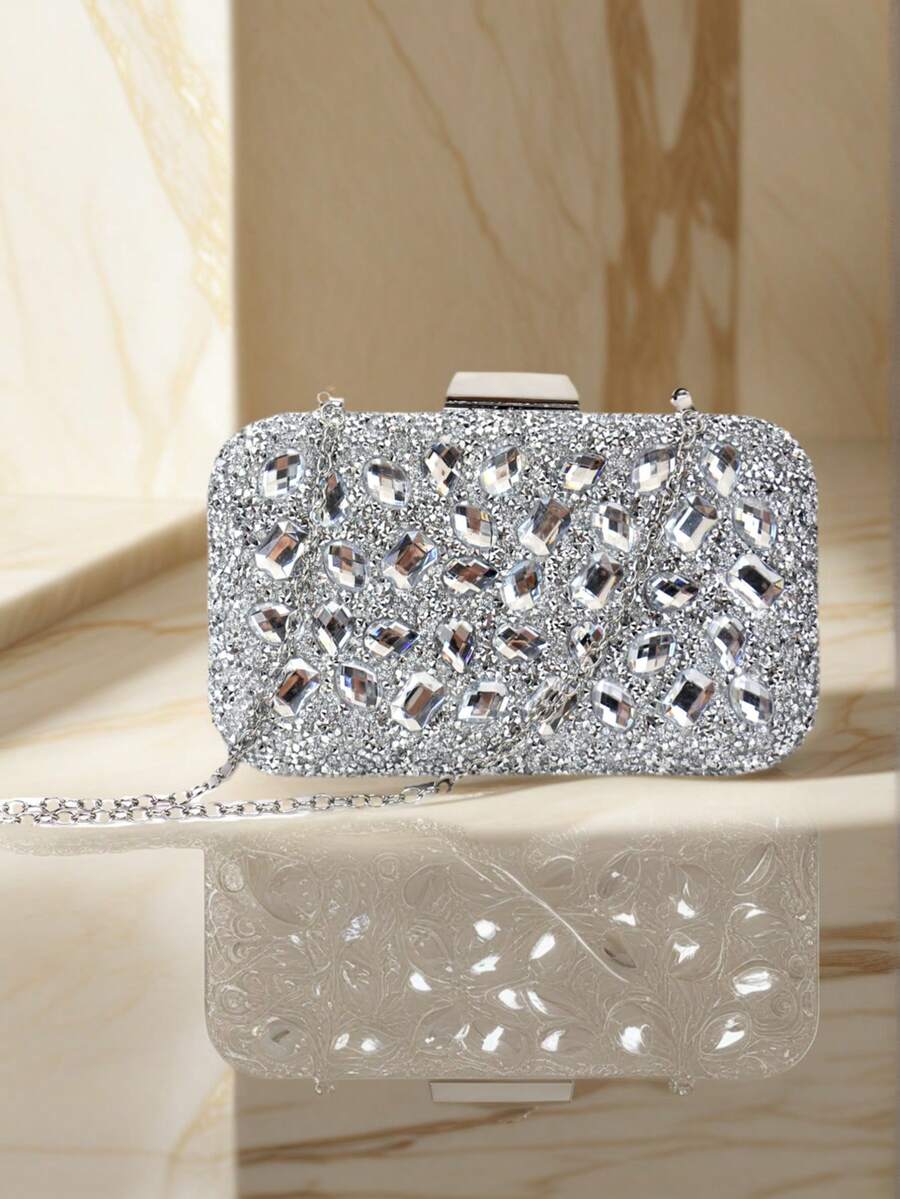 Acrylic Rhinestone Evening Bag Party Wedding Clutch Hot Design Chain Shoulder Handbag - Silver - View 1