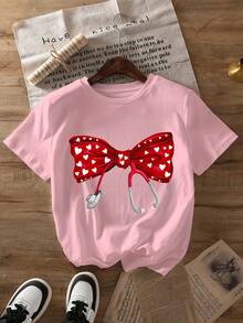 Camiseta con estampado de San Valentín estilo enfermera, top casual de manga corta y cuello redondo para verano, ropa de mujer. MJOP - rosa - Ver 1