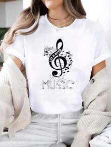 Life Is Better With Musical Notes - Women's Music Sheet Musician T-Shirt. 100% Cotton Casual Short-Sleeved Crew Neck T-Shirt For Spring And Summer. Comfortable, Relaxed Fit, Graphic Print T-Shirt - 白色的 - 查看 6