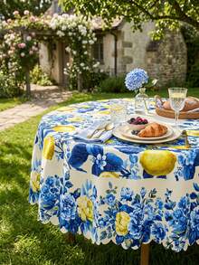 1pc Blue Lemon Floral Print Tablecloth Rectangular Table Cover Mediterranean Style Polyester Fabric Waterproof Oilproof Tablecloth Lemon Pattern Blue Flower Table Cloth Elegant Vintage Farmhouse Table Cover For Dining Table Kitchen Table Outdoor Patio Garden Picnic Party Wedding Holiday Summer Spring Home Decor - Multicolor - View 8