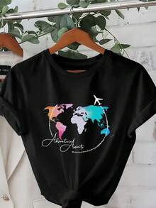 Camiseta de cuello redondo con estampado de moda, ropa de mujer de talla estándar, playeras de mujer. - Negro - Ver 7