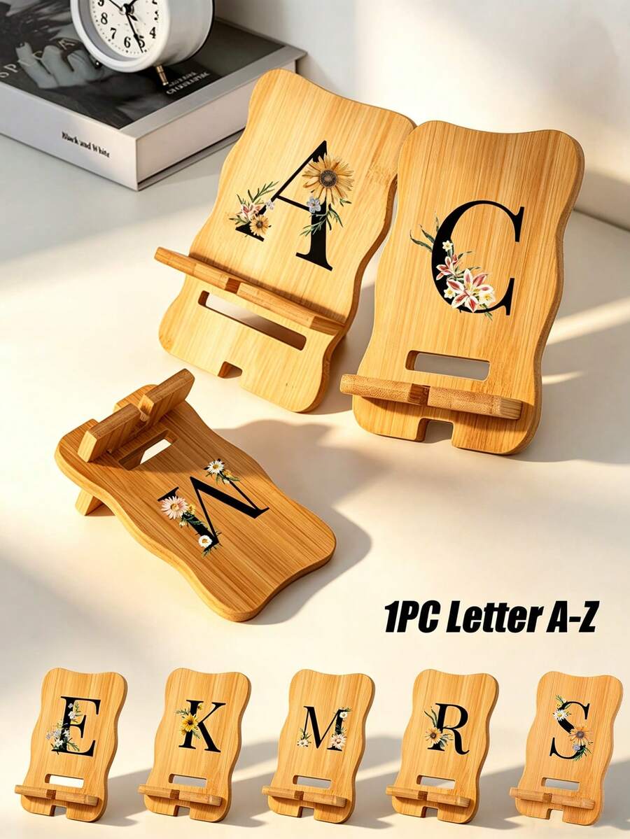 A-Z字母木製手機支架,可折疊便攜式桌面手機架,雕花花卉字母設計,DIY可拆卸組裝手機架,可調節伸縮式手機支架,適用於辦公桌、書房、觀看影片和工作 - 彩色 - 查看 1