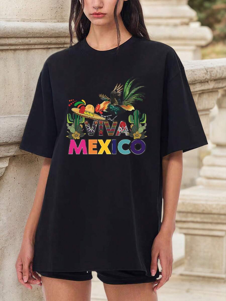 Camiseta Y2K de gran tamaño para mujer de alta calidad al por mayor - Blanca, de manga corta, con diseño de "MEXICO", Mariachi y Cactus, atuendo casual de verano para viajes, para uso diario y fiestas temáticas mexicanas, camisetas gráficas para mujer, camisetas emo para mujer, camisetas gráficas de gran tamaño para mujer, camisetas hip-hop para damas, camisetas WildSoul para mujer, camisetas para mujer, camisetas originales para mujer, camisetas para mujer, camisetas de moda para mujer, cualquier camiseta para damas, camisetas estampadas, camisetas novedosas para mujer, camisetas femeninas, camisetas de verano, nueva colección 2026 - 100% algodón transpirable. - Negro - Ver 1